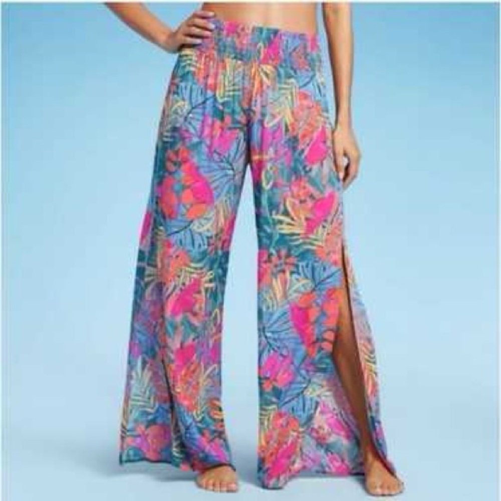 Kona Sol Tropical Cover Up Pants Size M High Rise Smocked Waist Slit Legs